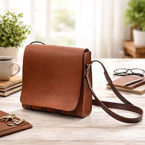 Op de afbeelding: Een bruine leren messenger bag met een klepsluiting en verstelbare schouderriem. De tas is rechthoekig en lijkt van hoogwaardig leer te zijn gemaakt. De tas staat op een lichtgekleurd houten oppervlak.