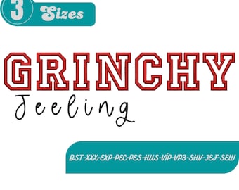 Może przedstawiać: Białe tło z napisem "GRINCHY Feeling" w czerwonych i czarnych literach. Nad tekstem znajduje się turkusowy baner z cyfrą "3" i słowem "Sizes". Pod tekstem znajduje się turkusowy baner z tekstem.