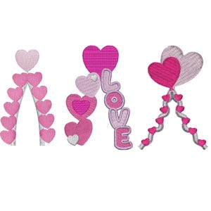 May include: Three embroidered designs featuring hearts. One is an arch of pink hearts, another spells "LOVE" with heart-shaped letters, and the third has two heart balloons connected by a string of hearts.