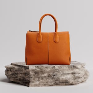 Può includere: Una borsa tote in pelle arancione strutturata con due manici arrotondati. La borsa presenta una chiusura con cerniera e viene presentata su una superficie di pietra grigia strutturata. Il design della borsa include cuciture verticali e una forma rettangolare.