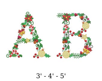 May include: Embroidered letters "A" and "B" decorated with Christmas ornaments, holly, candy canes, and bells. The letters are green, red, gold, and white. The text below the letters reads "3' - 4' - 5'".