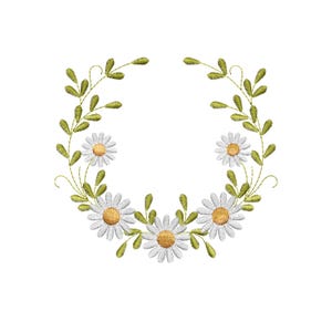 May include: Embroidered floral wreath design featuring white daisies with yellow centers and green leaves. The design is arranged in a semi-circular shape, perfect for embroidery projects, apparel, or home decor.