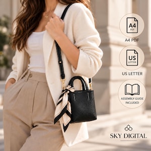 May include: A small black handbag with a textured surface, two top handles, and a detachable shoulder strap. A cream and black patterned scarf is tied to one handle. Text includes A4 PDF, US LETTER, ASSEMBLY GUIDE INCLUDED, and SKY DIGITAL.