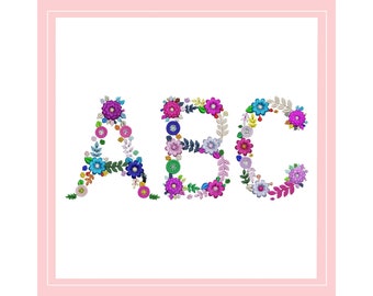 Design de bordado de alfabeto floral: monograma maiúsculo (3''/75) (download digital)