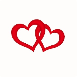 May include: Two intertwined red hearts on a white backdrop. The hearts are a vibrant red and appear to be embroidered or stitched. The design is simple and elegant, suitable for Valentine's Day or romantic themes.