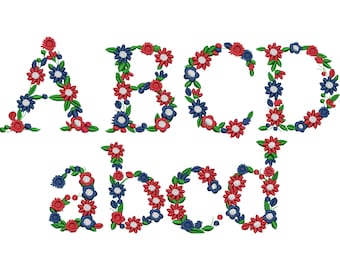 May include: Embroidered floral letters A, B, C, and D in uppercase and lowercase. The letters are decorated with red, blue, and white flowers and green leaves, set against a white background. Ideal for crafts and personalization projects.
