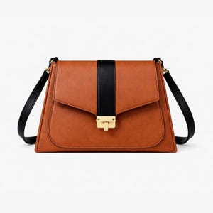 May include: A brown leather shoulder bag with a black vertical stripe down the center and a gold-colored clasp. The bag has a flap closure and black shoulder straps.