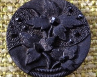Botón floral de cristal negro con encaje de 3,5 cm (1 3/8”), estilo vintage antiguo de la época de la reina Victoria.