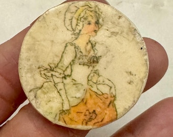 Botón de estudio de porcelana hecho a mano con forma de mujer de 1,5 pulgadas, vintage y antiguo.