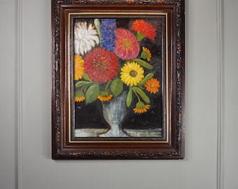 Vintage Floral Oil Painting by E. Henstock in a Carved Wooden Frame 53 x45 cm