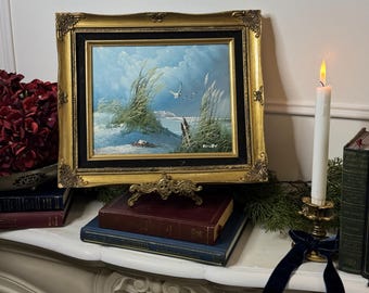 Small Seaside Oil Painting: Vintage Gold Gilt Frame, Signed Fine Art Painting