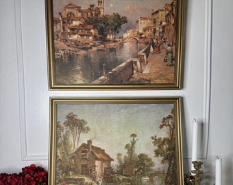 Vintage Canvas Print Reproductions after Franz Richard Unterberger – Matching Pair in Gold Gilt Frames
