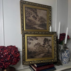 Vintage Ornate Gold Gilt Frame with  Dark Themed Vintage-Themed Prints Pair