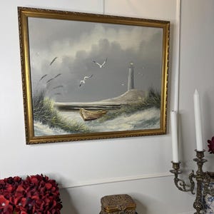 Silent Watch – Coastal Oil on Canvas | Ornate Gold Gilt Frame | Vintage Landscape Wall Art | French Antique Frame | Vintage Home Decor