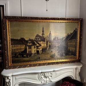 Extra Large Antique Gold Ornate Frame with Print : Vintage French-Style Wall Decor (119x74 cm)