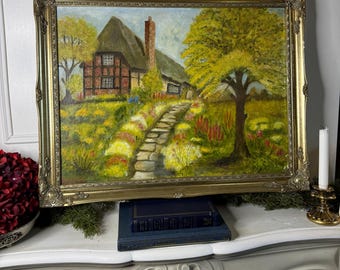Vintage Large English Countryside Oil Painting by E. Henstock – Antique Gilt Frame
