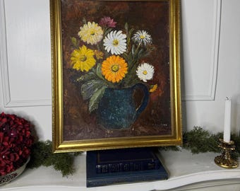 Vintage Floral Oil Painting by E. Henstock:  Antique Gold Frame 56 x 46 cm