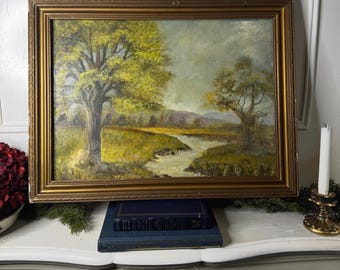Vintage Landscape Oil Painting by E. Henstock in antique gilt frame : 63 x 48 cm