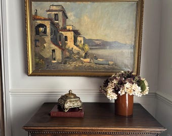 Vintage Mediterranean Coastal Oil Painting, Italian Seaside Village Art,Impressionist Landscape