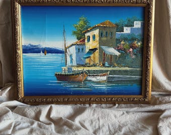 Vintage Bright Mediterranean Oil Paintings – Hand-Painted, Gilt Framed Pieces