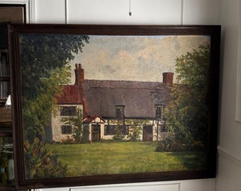Extra Large English Cottage Oil Painting – Rustic Farmhouse Scene, Original Artwork