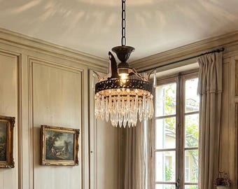 Vintage French Crystal Chandelier 1950s | Antique Cast Iron 2 Tier Lighting | Crystal Drop Fixture