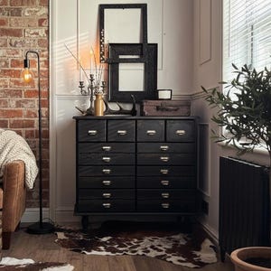Black Apothecary Style Chest of Drawers |  Distressed Vintage Pine Dresser | | Rustic Storage Unit