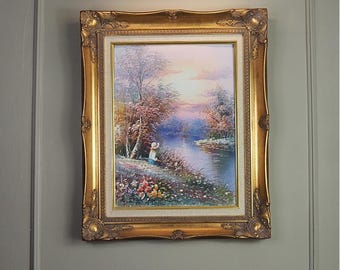 Fishing Girl- Impressionist Oil Painting by P. Minton | Oil in an Ornate Gold Frame