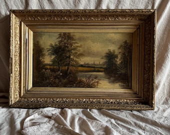 Antique Oil Painting River Landscape Signed R. Hully | Victorian Ornate Gold Gesso Frame
