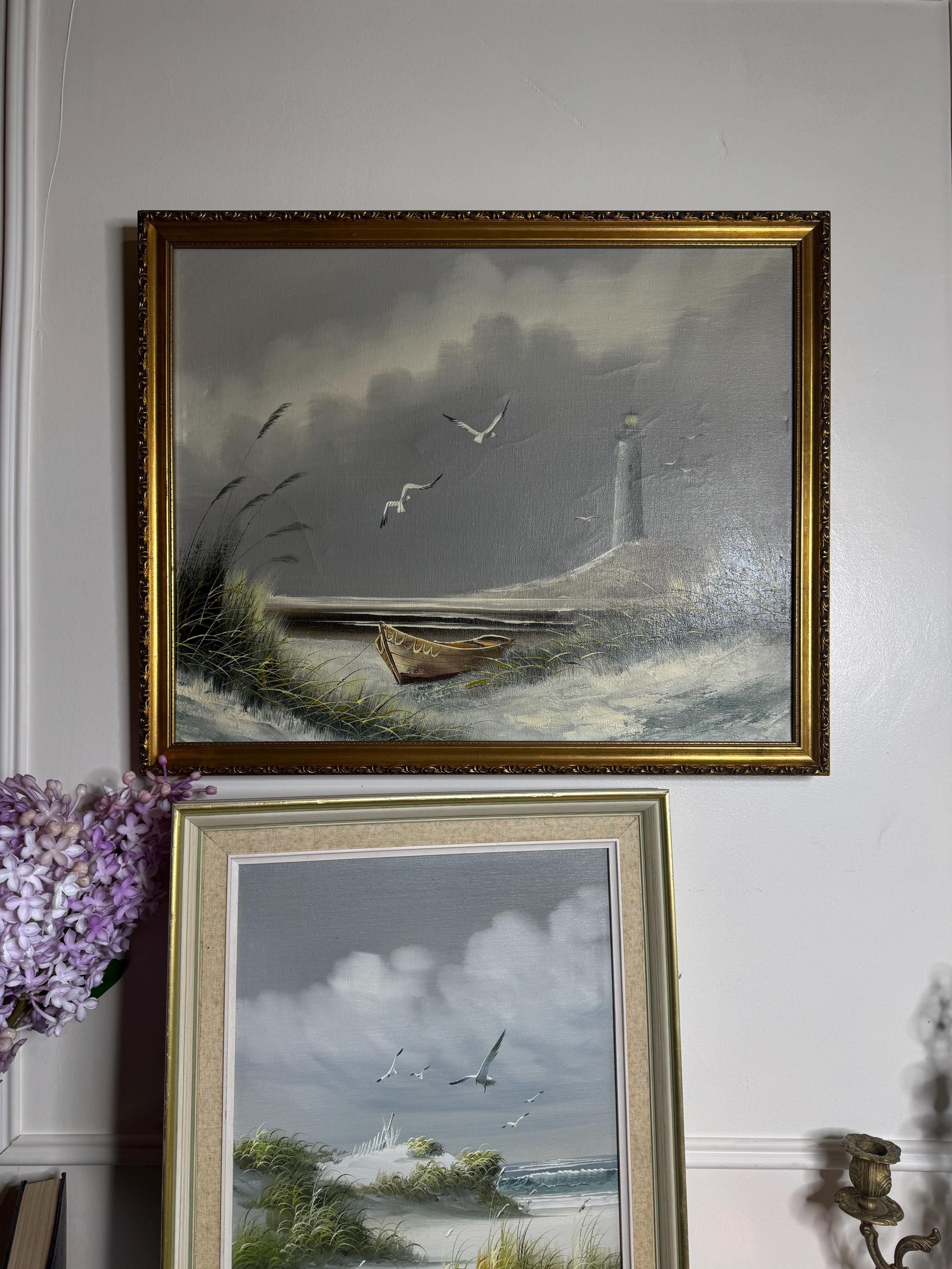 【絵画】ヴィンテージ 海景画 油彩画 灯台と砂丘の風景 サイン有り 絵画】ヴィンテージ 海景画 油彩画 灯台と砂丘の風景 サイン有り