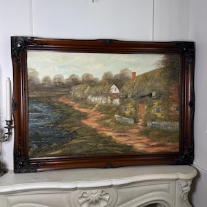 Extra Large Oil Painting by P.R. Freeman in Gilt Wooden Frame - Huge Vintage Artwork