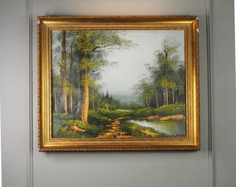 Vintage Mid-Century Oil Painting – Forest River Stream Landscape by W.Johnson