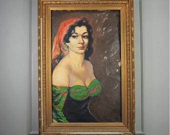 Vintage Gypsy Girl Portrait Oil Painting in Large Ornate Gold Frame | Rare Antique