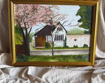 Blossoms at Bramble Cottage - Original Oil Painting by N.G. Reynolds in gold frame