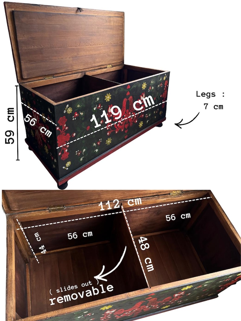 May include: A wooden storage chest with a black exterior featuring red and yellow floral patterns. The chest measures 119 cm long, 56 cm deep, and 59 cm high, with 7 cm legs. The interior has a removable divider, measuring 112 cm by 56 cm.