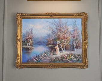 Lady by the Lake Impressionist Oil Painting – P. Minton, Ornate Frame