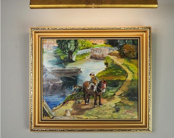 River Ride – Vintage Oil Painting in Slim Gold Gilt Frame