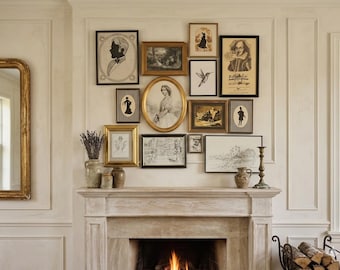 Vintage Gilt Frame Large Gallery Wall Set: Eclectic Gold & Black Art pieces | 15 Piece