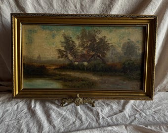 Vintage French Rural Landscape Oil Painting on Board Cottage River Scene