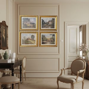 Vintage Signed Art Print Gallery Wall Set: Gold Matching Frames, Curated Wall Decor