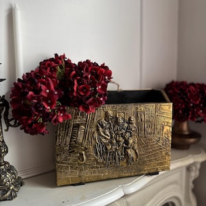 Vintage Brass Plated English Magazine Rack | Mid Century Storage Stand | Ornate Gold Magazine Holder for Living Room