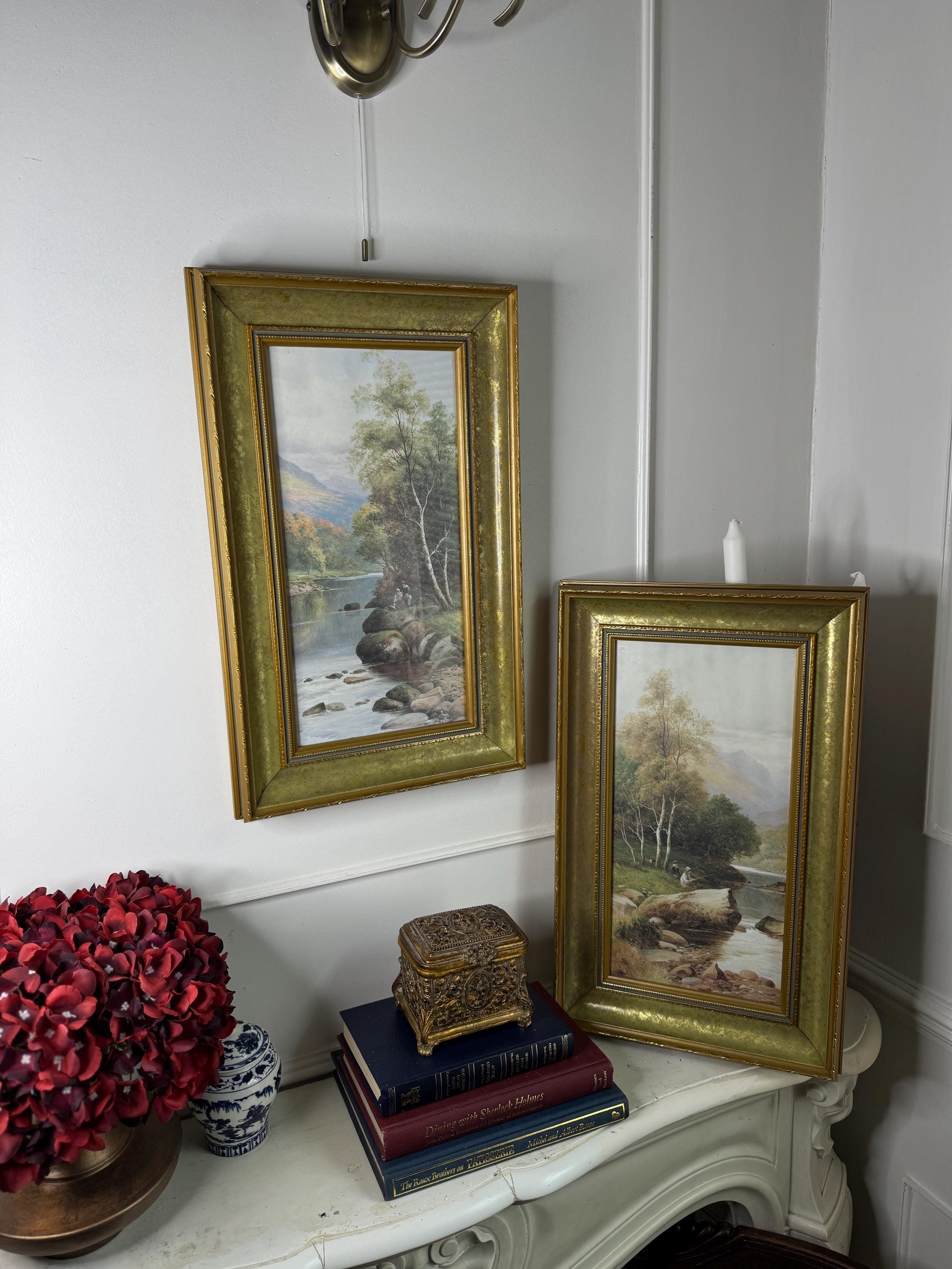 ヴィンテージ装飾ゴールド樹脂フレームセット：セージグリーンの風景画