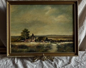 Vintage Impressionist Farmhouse Oil Painting on Board Rustic Field Landscape