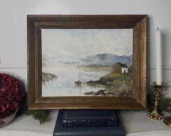 Vintage Rustic Oil Painting by  E. Henstock in a Wooden Oak Picture Frame