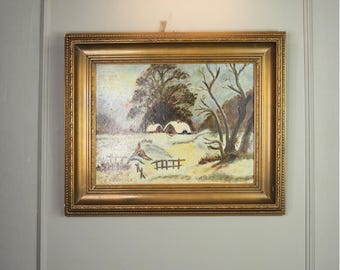 Frosted Landscape- Vintage Oil Painting by E. Henstock in Gold Gilt Frame