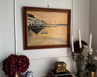 Vintage Golden Shorelines Large Oil Painting by N.G. Reynolds in Wooden Frame