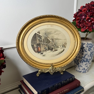 Winter Playtime – Antique Le Blond Oval Cityscape Print c.1910 |  Vintage Gold Decorative Art Frame | Ornate Frame | Oval Giltwood Frame