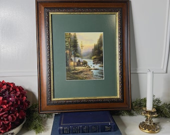 Thomas Kinkade – Framed Print with Green Mount in Wooden Frame: Evening in the forest  '95