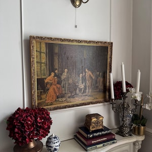 The Conference by Margaret Dovaston B. UK  Antique Framed Print | Historical Interior | Ornate Gold Gilt Frame