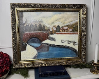 Vintage Large Winter Scenery Oil Painting by y E. Henstock in Belvoir Gilt Frame